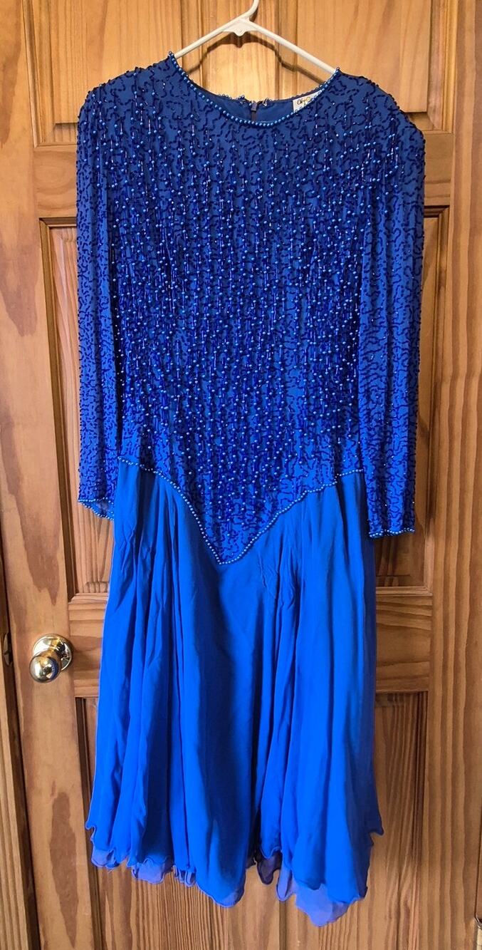 Vintage blue long-sleeve beaded silk chiffon dress 1980s Oleg Cassini sz small